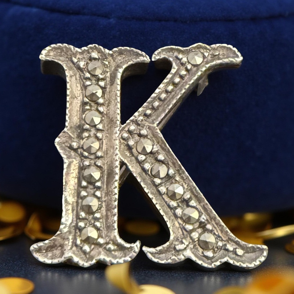 Vintage 925 Sterling Marcasite Gothic “K” Initial Brooch Pin